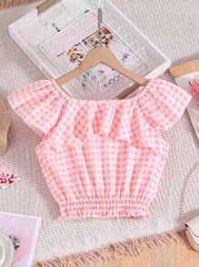 Chicas Blusa de guingán ribete con fruncido - Rosa - Ver 2