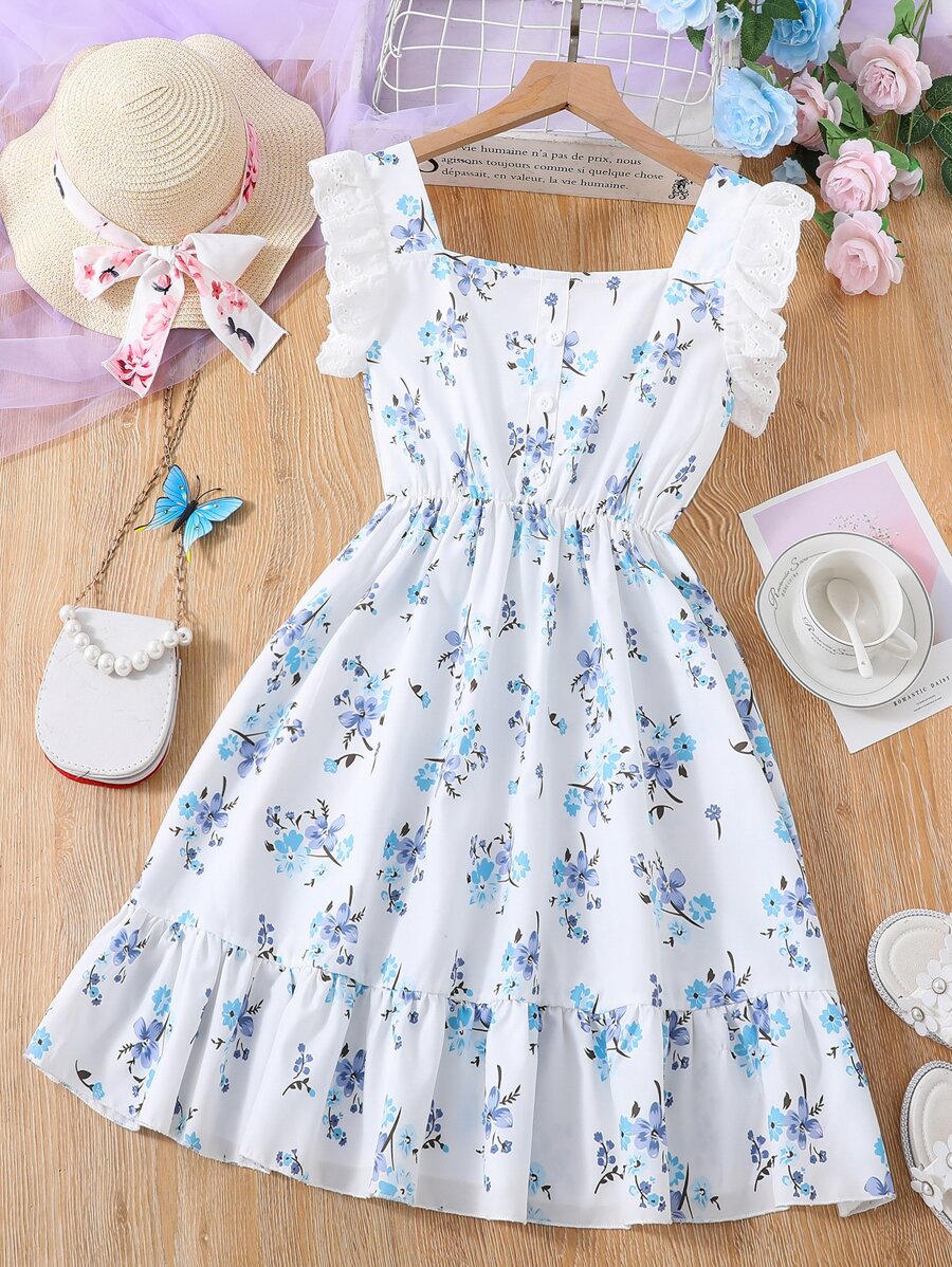 Girls Ditsy Floral Print Eyelet Embroidery Ruffle Trim Flounce Hem Dress - White - View 1