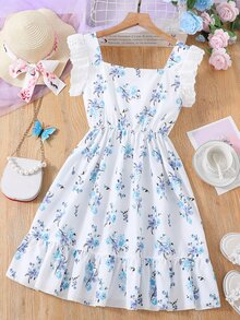 Girls Ditsy Floral Print Eyelet Embroidery Ruffle Trim Flounce Hem Dress - White - View 2