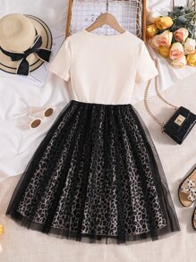 SHEIN Tween Girl Leopard & Figure Graphic Mesh Hem Dress - Multicolor - View 2