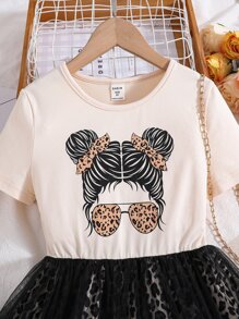 SHEIN Tween Girl Leopard & Figure Graphic Mesh Hem Dress - Multicolor - View 3
