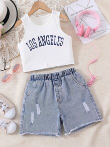 Tween Girl Letter Graphic Tank Top & Ripped Raw Trim Denim Shorts - Blue and White - View 1
