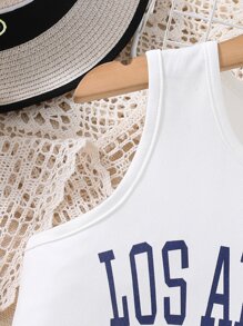 Tween Girl Letter Graphic Tank Top & Ripped Raw Trim Denim Shorts - Blue and White - View 3