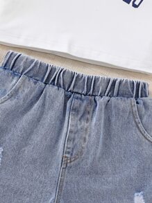 Tween Girl Letter Graphic Tank Top & Ripped Raw Trim Denim Shorts - Blue and White - View 4
