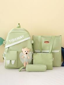 4 piezas Set de mochila funcional de cuadros & con estampado de letra con diseño de oso - Verde - Ver 1