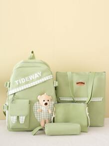 4 piezas Set de mochila funcional de cuadros & con estampado de letra con diseño de oso - Verde - Ver 2