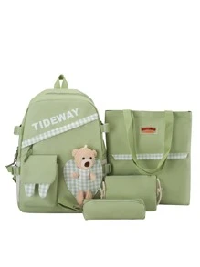4 piezas Set de mochila funcional de cuadros & con estampado de letra con diseño de oso - Verde - Ver 3