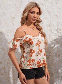 SHEIN VCAY Floral Print Cold Shoulder Blouse - Apricot - View 5