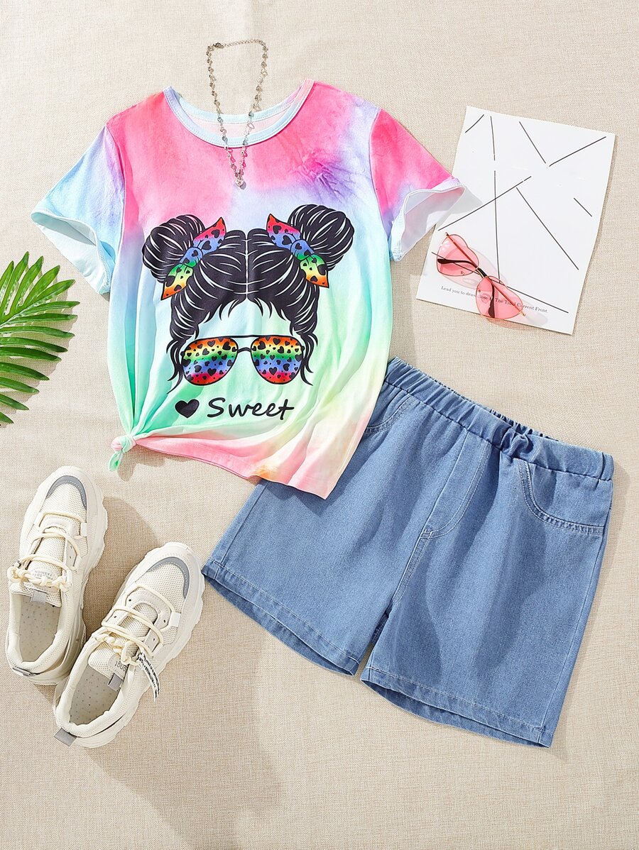 Girls Figure & Letter Graphic Tee & Denim Shorts - Multicolor - View 1