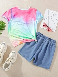 Girls Figure & Letter Graphic Tee & Denim Shorts - Multicolor - View 2