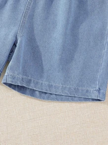 Girls Figure & Letter Graphic Tee & Denim Shorts - Multicolor - View 3