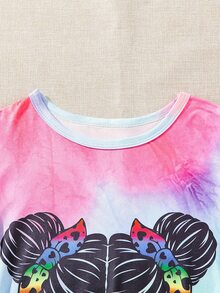 Girls Figure & Letter Graphic Tee & Denim Shorts - Multicolor - View 4