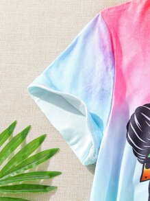 Girls Figure & Letter Graphic Tee & Denim Shorts - Multicolor - View 5