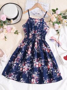 Girls Floral Print Cami Dress - Navy Blue - View 1
