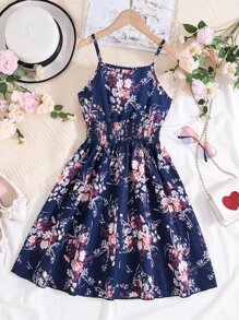 Girls Floral Print Cami Dress - Navy Blue - View 2
