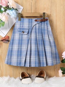 女孩格紋印花腰帶百褶半身裙