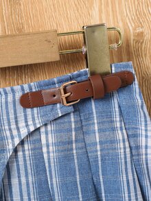 女孩格紋印花腰帶百褶半身裙