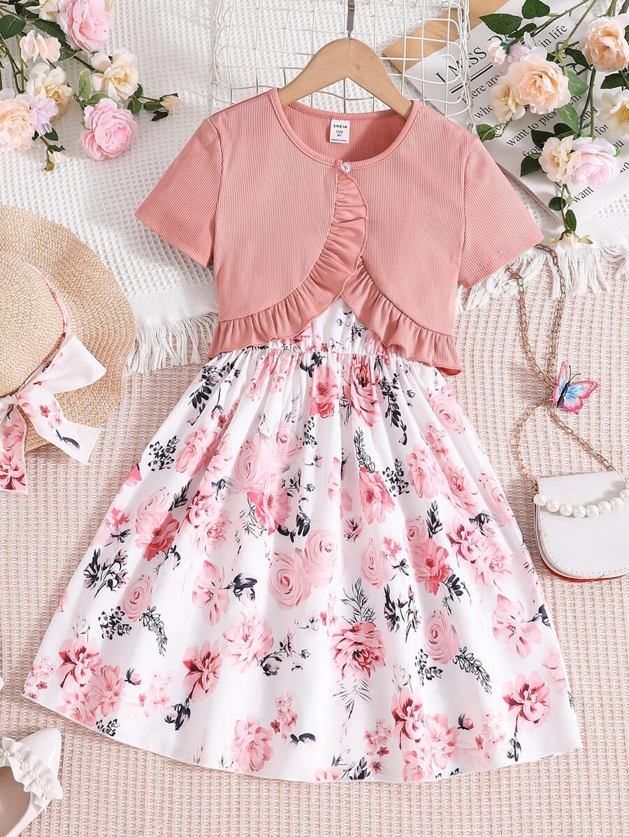 女孩荷葉邊上衣和印花吊帶上衣 - 彩色 - 查看 1