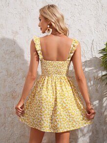 Soleia Đầm viền lá sen Xù Dải chun Thực vật Họa tiết hoa Boho - Màu vàng - Xem 2