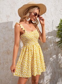 Soleia Đầm viền lá sen Xù Dải chun Thực vật Họa tiết hoa Boho - Màu vàng - Xem 4