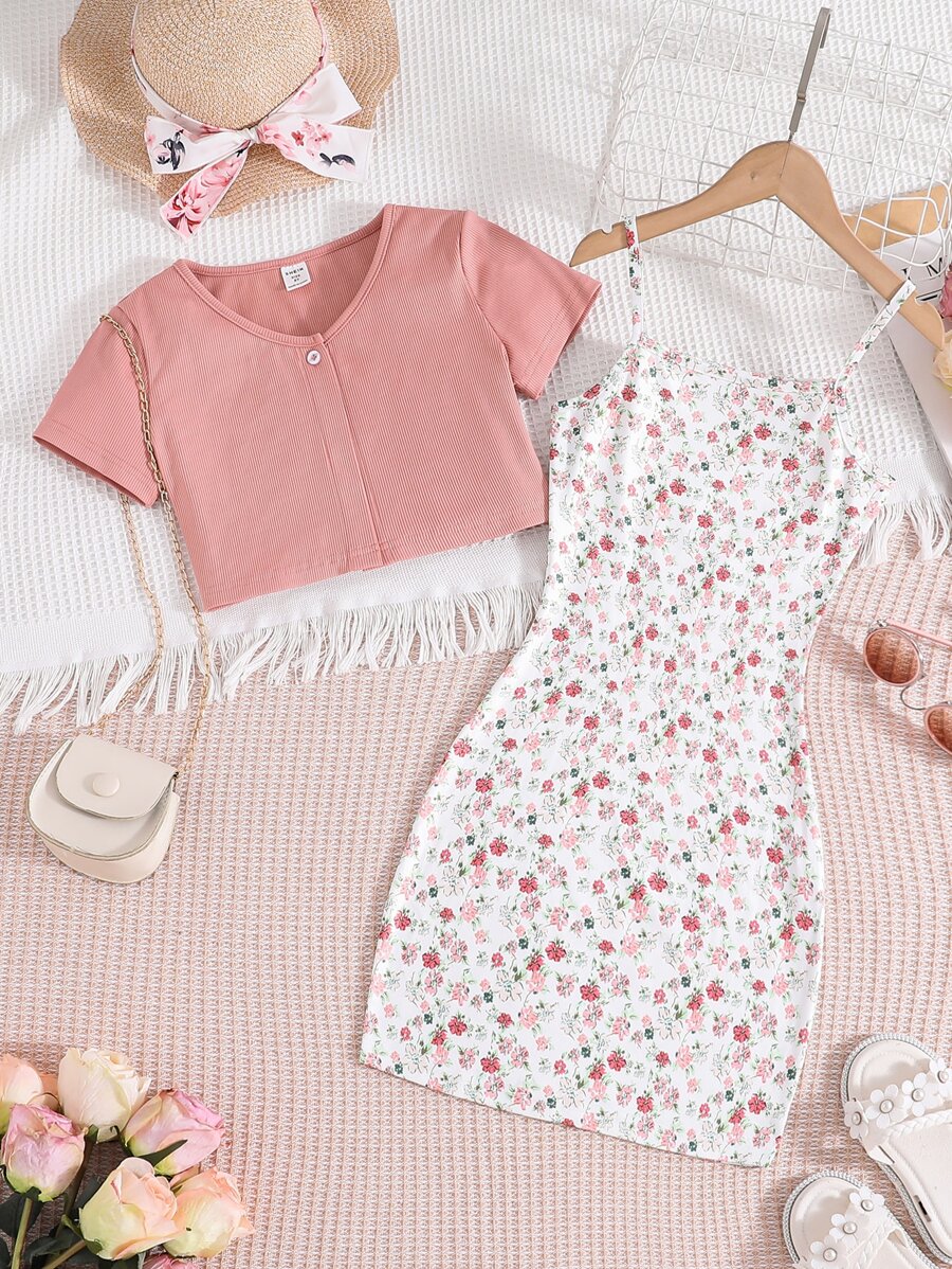 SHEIN 女孩V領T恤和碎花吊帶洋裝 - 彩色 - 查看 1