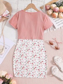 SHEIN 女孩V領T恤和碎花吊帶洋裝 - 彩色 - 查看 2