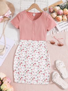 SHEIN 女孩V領T恤和碎花吊帶洋裝 - 彩色 - 查看 3