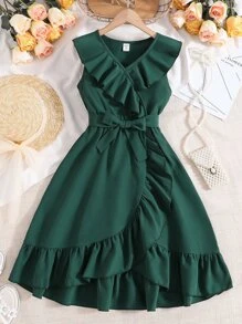 SHEIN Tween Girl Ruffle Trim Wrap Dress - Dark Green - View 7