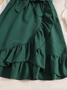 SHEIN Tween Girl Ruffle Trim Wrap Dress - Dark Green - View 4