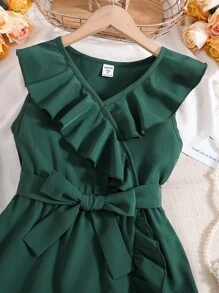SHEIN Tween Girl Ruffle Trim Wrap Dress - Dark Green - View 5