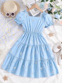 SHEIN Girls Star Print Puff Sleeve Ruffle Hem Dress