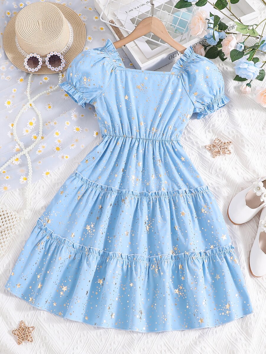 SHEIN Girls Star Print Puff Sleeve Ruffle Hem Dress
