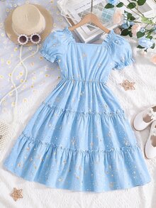 SHEIN Girls Star Print Puff Sleeve Ruffle Hem Dress