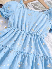 SHEIN Girls Star Print Puff Sleeve Ruffle Hem Dress