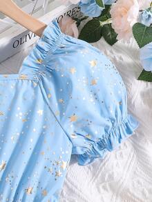 SHEIN Girls Star Print Puff Sleeve Ruffle Hem Dress