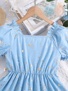SHEIN Girls Star Print Puff Sleeve Ruffle Hem Dress