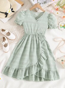 Chicas Vestido cruzado de manga farol con lazo lateral ribete con fruncido - verde menta - Ver 1