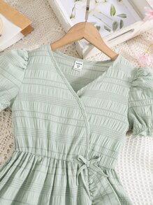 Chicas Vestido cruzado de manga farol con lazo lateral ribete con fruncido - verde menta - Ver 4