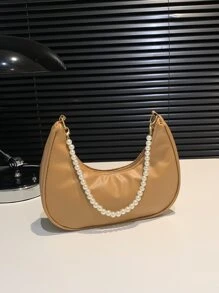 Faux Pearl Decor Hobo Bag - Khaki - View 6