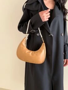 Faux Pearl Decor Hobo Bag - Khaki - View 8