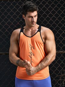 GENTILAND Men Letter Graphic Contrast Binding Tank Top - Orange - View 4
