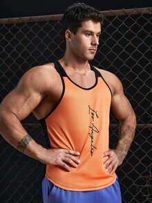 GENTILAND Men Letter Graphic Contrast Binding Tank Top - Orange - View 5