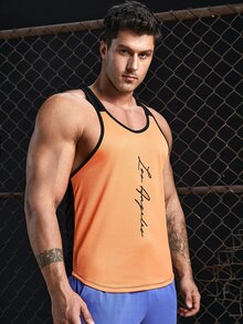 GENTILAND Men Letter Graphic Contrast Binding Tank Top - Orange - View 6