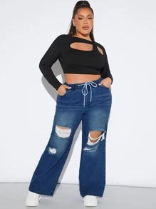SHEIN SXY Plus Drawstring Waist Ripped Wide Leg Jeans - Dark Wash - View 1