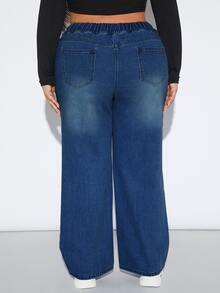 SHEIN SXY Plus Drawstring Waist Ripped Wide Leg Jeans - Dark Wash - View 2