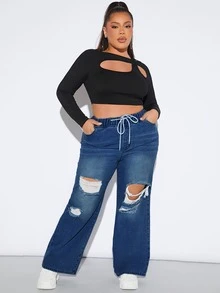 SHEIN SXY Plus Drawstring Waist Ripped Wide Leg Jeans - Dark Wash - View 3