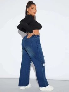 SHEIN SXY Plus Drawstring Waist Ripped Wide Leg Jeans - Dark Wash - View 4