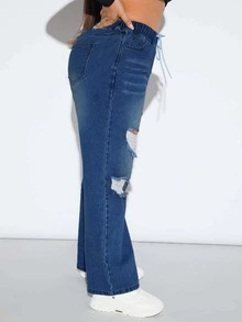 SHEIN SXY Plus Drawstring Waist Ripped Wide Leg Jeans - Dark Wash - View 5