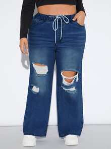 SHEIN SXY Plus Drawstring Waist Ripped Wide Leg Jeans - Dark Wash - View 6