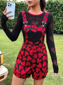 SHEIN Qutie 愛心圖案背帶連體短褲不帶T恤 - 彩色 - 查看 3